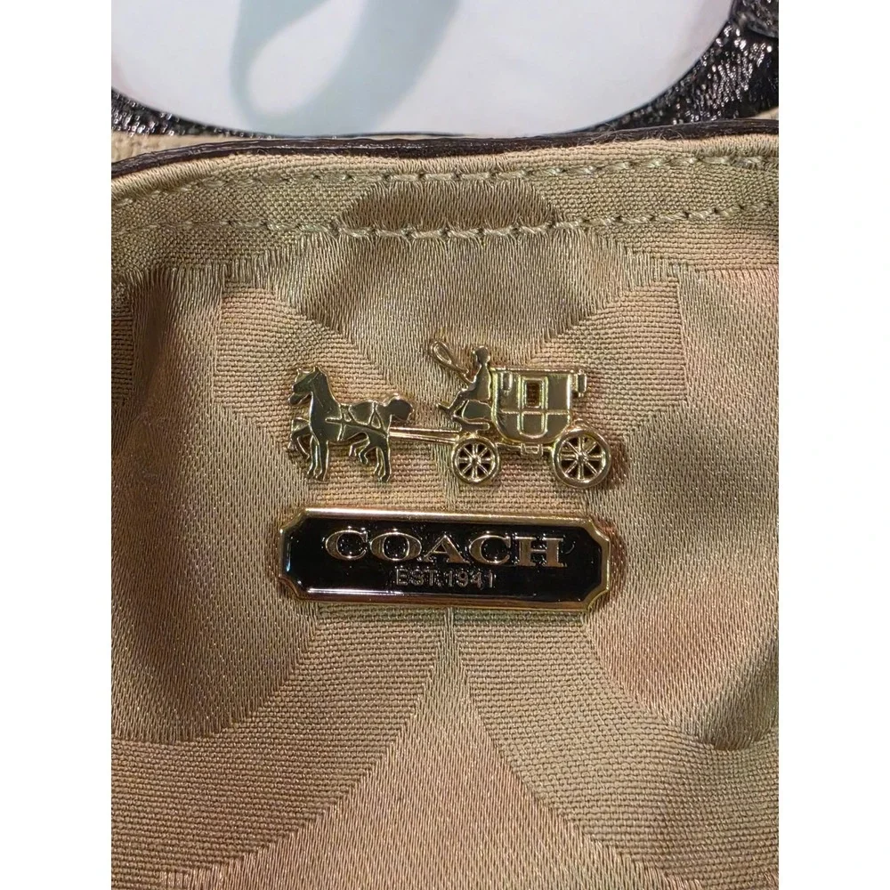 Coach Signature Jacquard Hobo Bag Khaki Brown Patent Leather 14305 Shoulder Bag